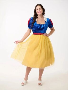 Disney Snow White Blue Velvet and Yellow Tulle Midi Dress with Red Accents